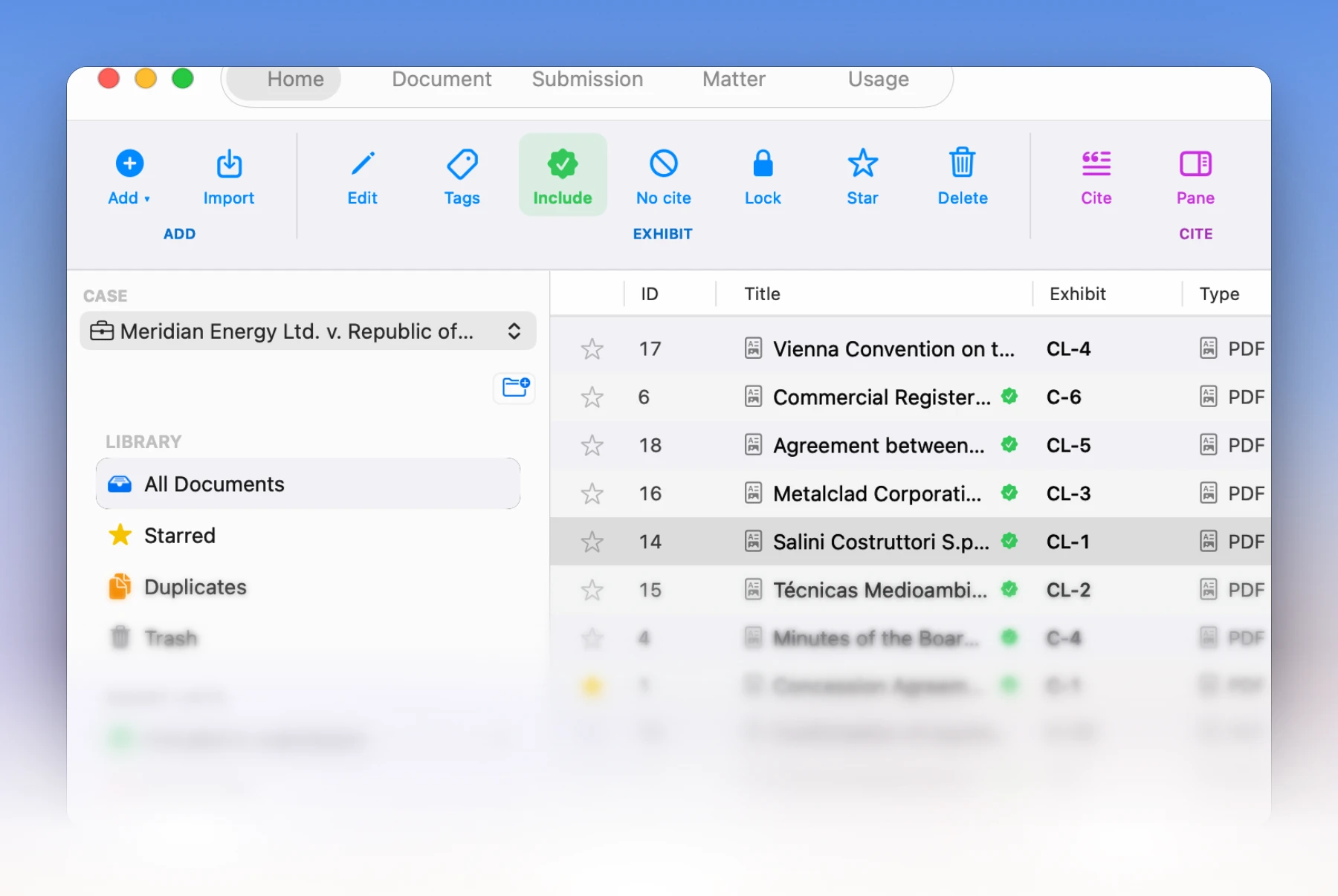 LitArbi Home tab: Add, Exhibit, Cite and Layout groups above the exhibit table