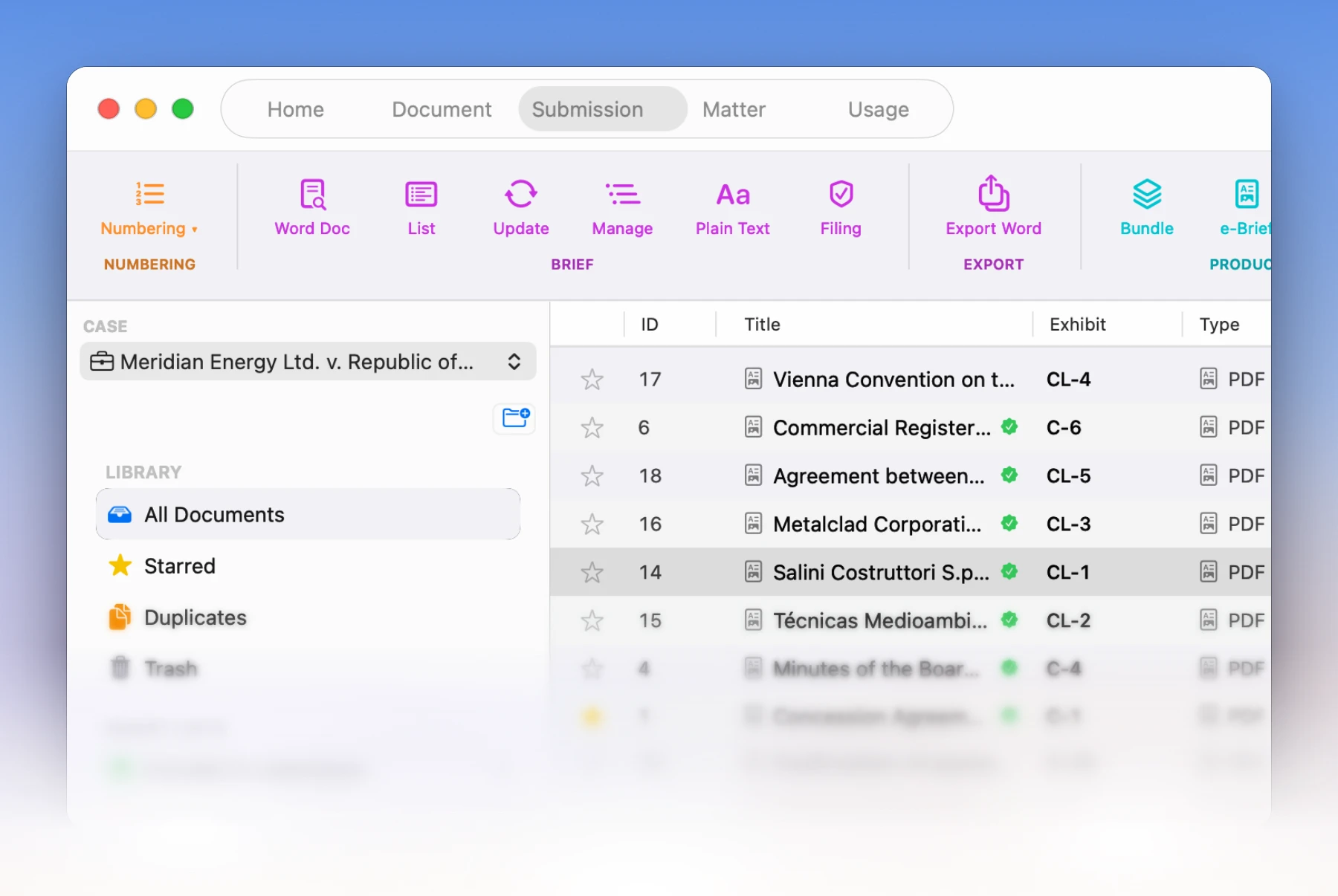 LitArbi Submission tab with the Brief, Export and Produce groups